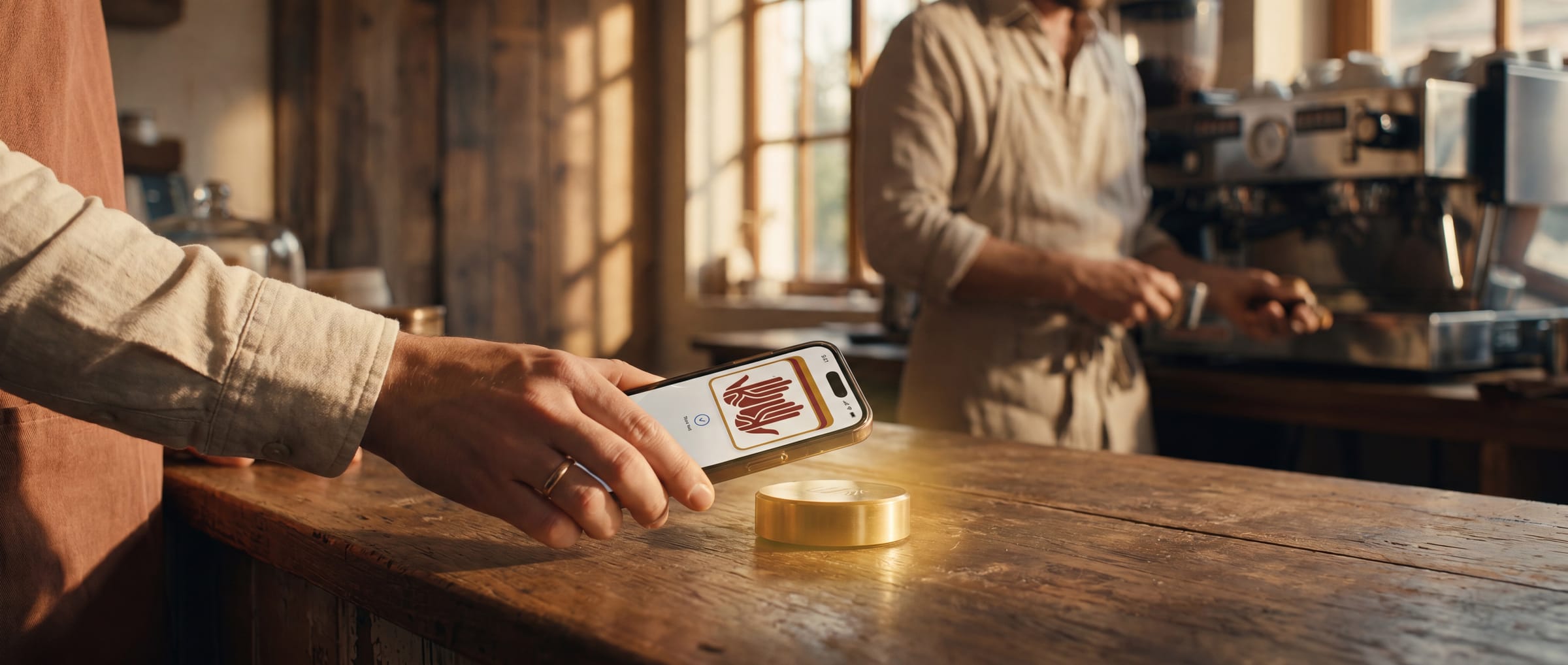 A customer taps their iPhone wallet pass against a brass NFC puck at a golden-hour cafe counter